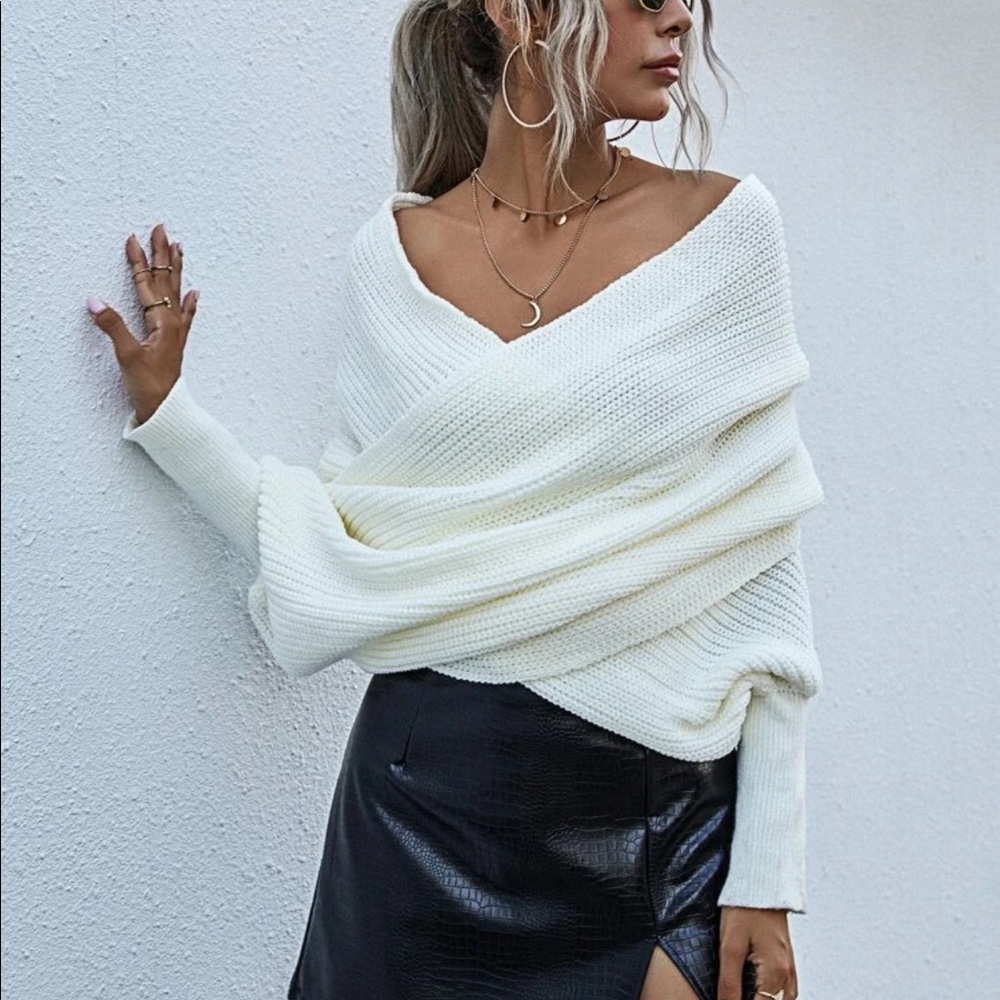 Off the shoulder knit wrap sweater WHITE - Picture 3 of 9